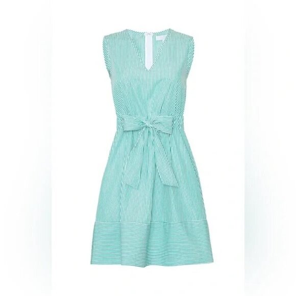 Pearl by Lela Rose Green White Stripe Cotton Dress Bow Tie Waist L - Picture 2 of 9